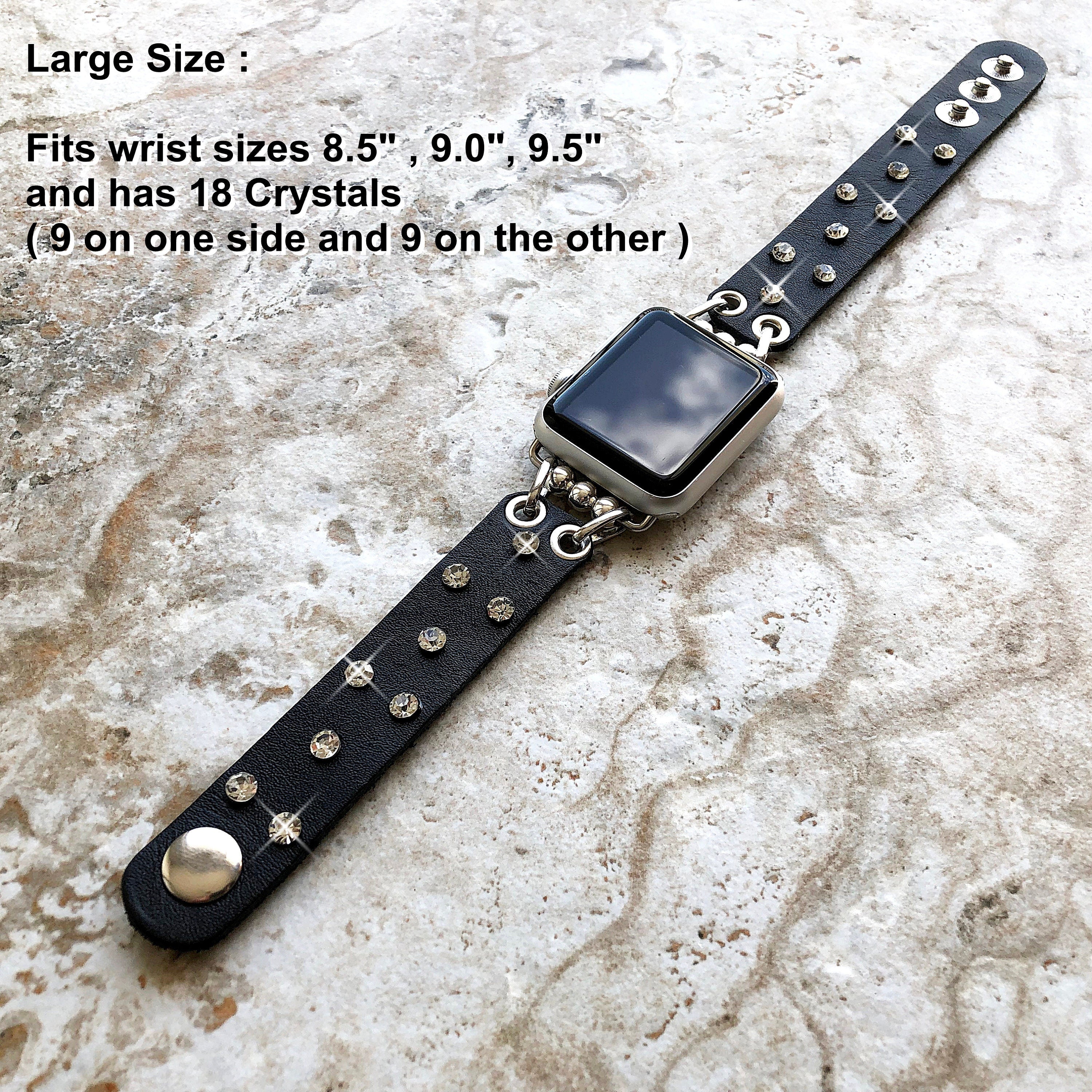 Apple Watch Ultra 2 and 9 8 Series Black Leather Bracelet Band with Crystals for iWatch 41mm 45mm 49mm Handmade Strap BL20-CLC5
